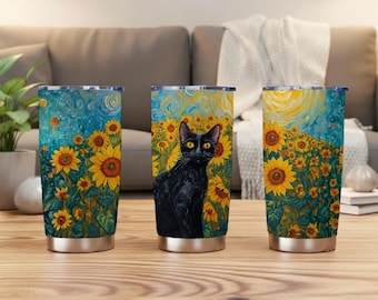 Sunflower Black Cat Tumbler 20oz, Van Gogh Inspired Tumbler, Black Cat Stainless Steel Travel Mug, Insulated Cup, Black Cat Coffee Tumbler