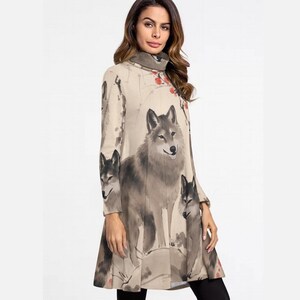 Vestido de cuello alto estilo Ukiyo-e con estampado de lobos, vestido de manga larga para otoño e invierno, ropa artística de inspiración japonesa, vestido espiritual con estampado de lobos. imagen 2