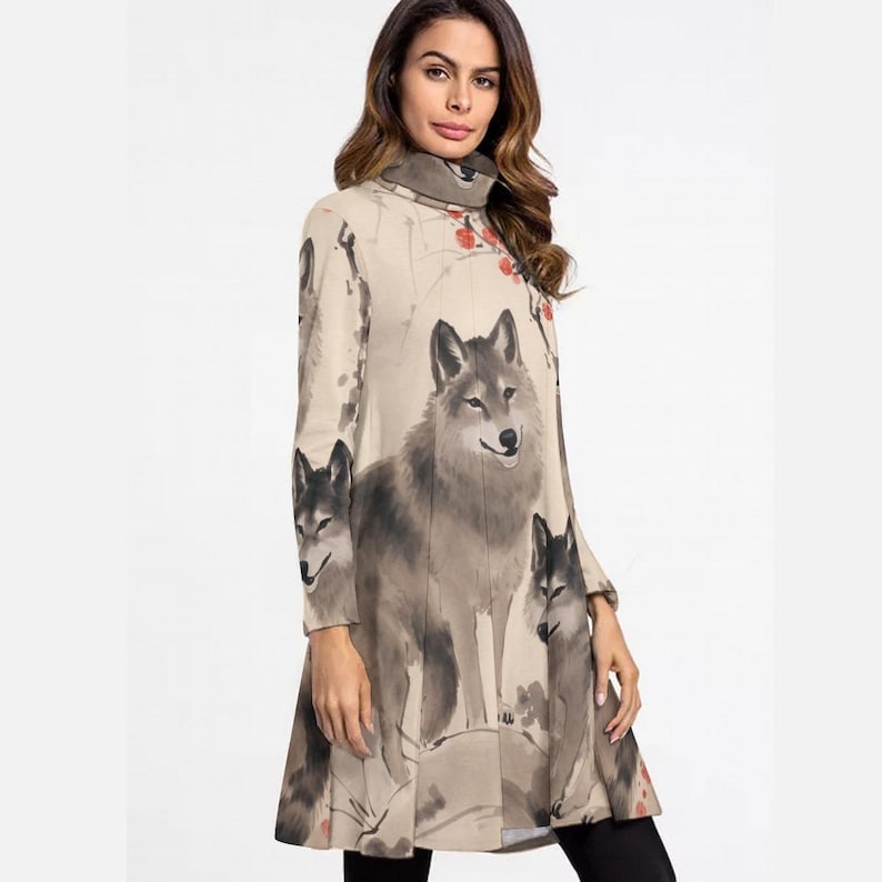 Vestido de cuello alto estilo Ukiyo-e con estampado de lobos, vestido de manga larga para otoño e invierno, ropa artística de inspiración japonesa, vestido espiritual con estampado de lobos. imagen 2