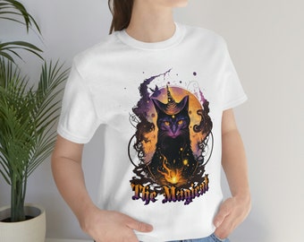 Camiseta mágica de gato negro, camiseta familiar de gato brujo, camiseta celestial, camisa de fantasía caprichosa, camiseta de gato gótico, camiseta mística espiritual