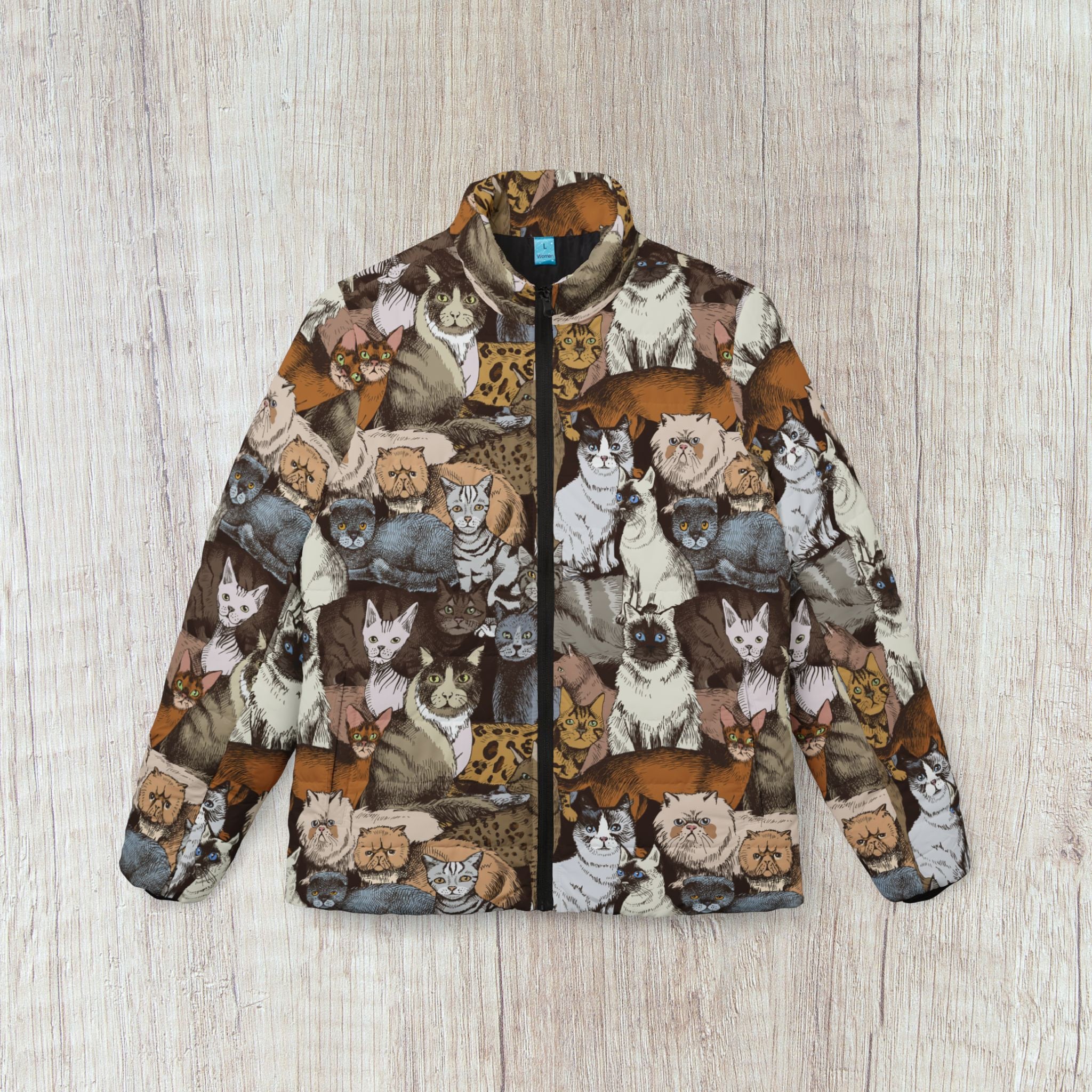 Cat Pattern Puffer Jacket Cats Outerwear Jacket Vintage Cat Puffer Coat Cat Breeds Puffy Coat Cat Pattern Puffy Jacket Vintage Cat Coat