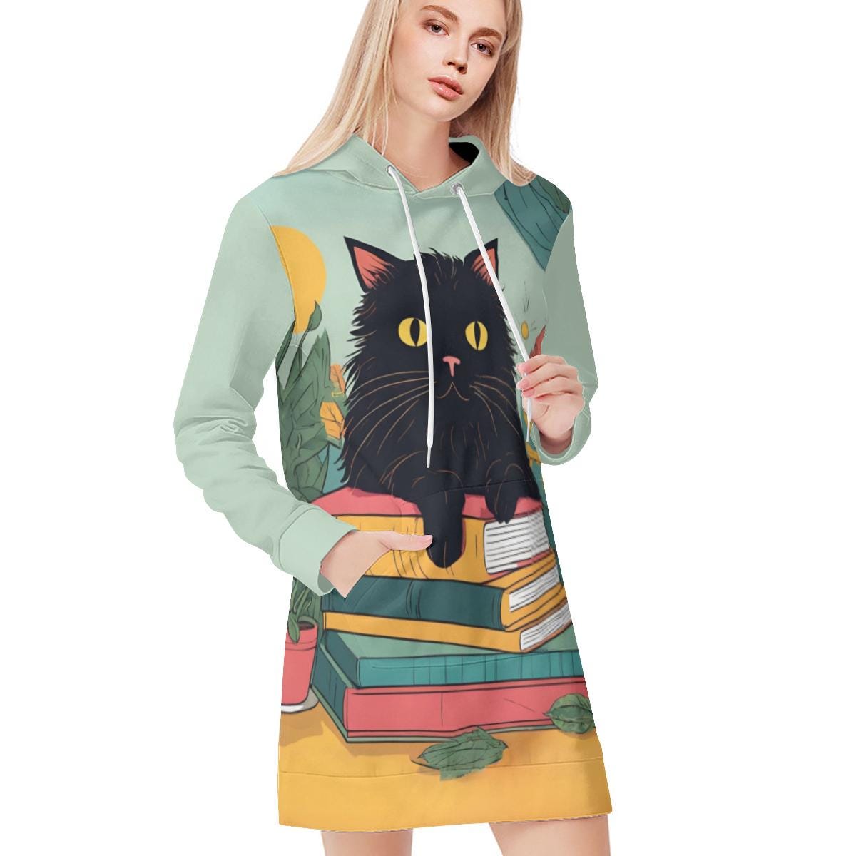 Bookish Black Cat Hoodie Dress – Cozy Oversized Sweatshirt Dress for Cat Lovers & Bookworms, Oversized Hoodie Dress, Cute Black cat gifts