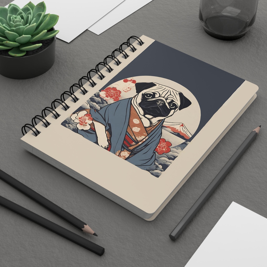 Pug Ukiyoe Style Painting Spiral Bound Journal, Mops Art Notebook
