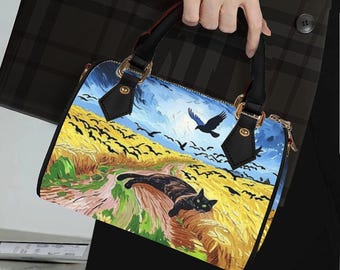 Wheatfield with Crows Black Cat Mini Boston Bag, Cat Van Gogh Impressionist Fine Art Barrel Handbag, Whimsical Cat Barrel Shape Satchel Bag