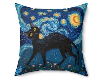 May include: Square throw pillow featuring a black cat illustration against a starry night sky background. The design includes swirling blue and yellow elements, with a crescent moon and small flowers. The cat has yellow eyes.