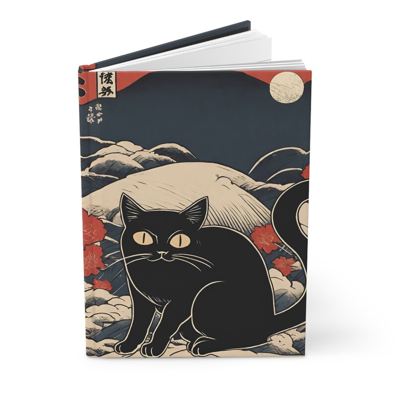 Funny Black Cat Japanese Art Hardcover Journal, Cute Cat Ukiyoe Style Notebook, the Great Wave