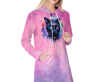 Mystical Black Cat Hoodie Dress – Magical Hoodie Dress, Galaxy Sweatshirt Dress, Astrology Lovers hoodie dress, Whimsical Hoodie Dress