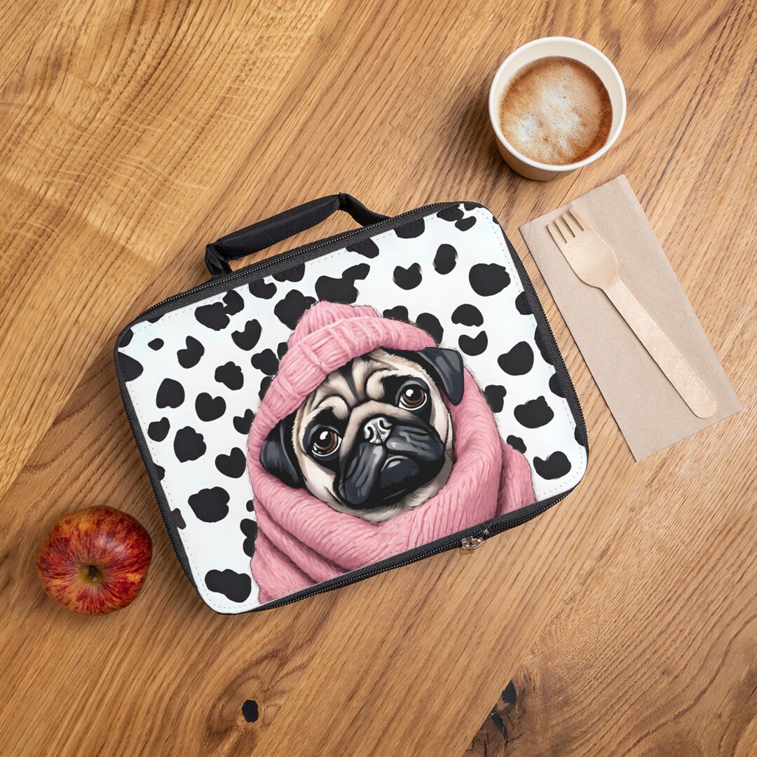 Cute Pug Lunch Bag, Mops Lunch Tote, Dotted Pug Picnic Bag, Girly Mops