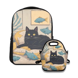 Ensemble sac à dos et sac à lunch chat et poisson noirs | Joli cartable chat | fourre-tout isotherme à lunch | Sac à dos pour enfants | Cartable avec boîte à lunch