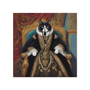 May include: Square wall clock depicting a cat in a black and gold gown, seated on a gilded throne. The cat has a black and white face. The background includes red curtains and a blue wall.
