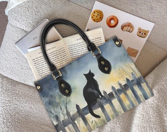 Moonlit Black Cat Handbag, Elegant Night Sky Purse, Mystical Cottagecore Tote, celestial themed tote bag, whimsical Handbag, black cat gifts