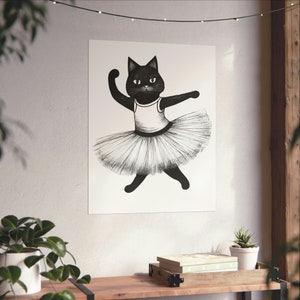 Arte de ballet de gato negro Cartel mate, arte de pared de bailarina de gato divertido, Lápiz de gato negro vintage Pintura cartel impresión de arte, linda decoración del hogar del gato
