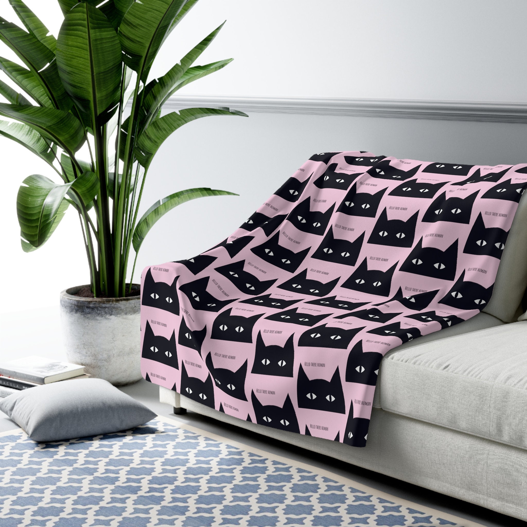 Funny Black Cat Says Hello There Human Pattern Sherpa Fleece Blanket Cat Fleece Blanket Cat Lover Gift Home Decor Christmas Gift Etsy UK