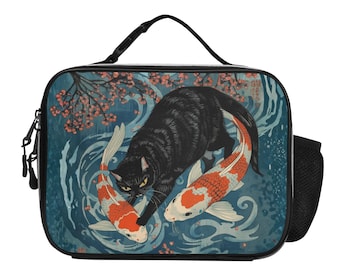 Japanese Black Cat Lunch Bag, Koi Fish Ukiyo-e Picnic Tote, Cherry Blossom Cooler, Oriental Bento box, Black Cat Lunchbox, Cute lunch bag
