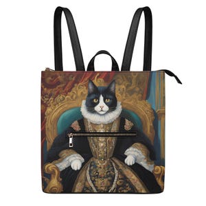 Queen Regal Cat PU Leather Backpack, Royal Cat Student Backpack, Vintage cat Backpack, Anti-Theft Faux Leather Backpack Renaissance Backpack