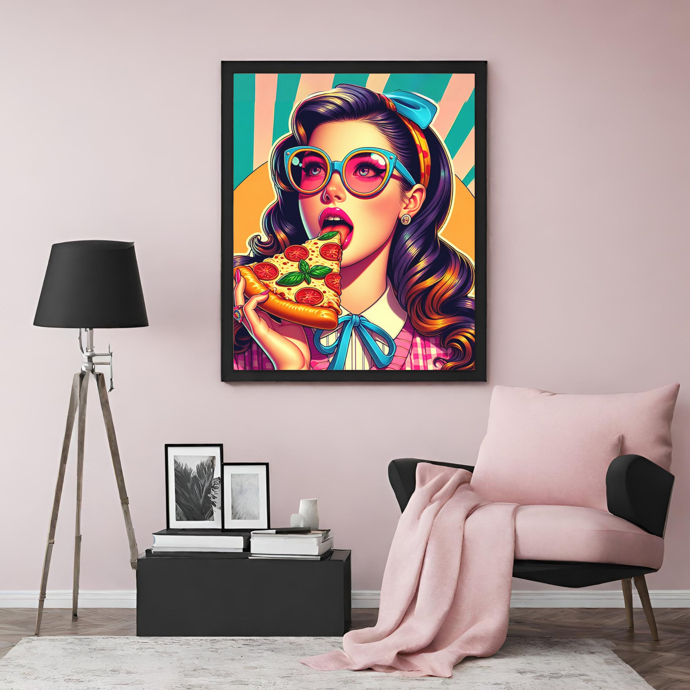 Groovy Pizza Girl Eating Pizza Wall Art, Pin up Retro Girl Eating Pizza ...
