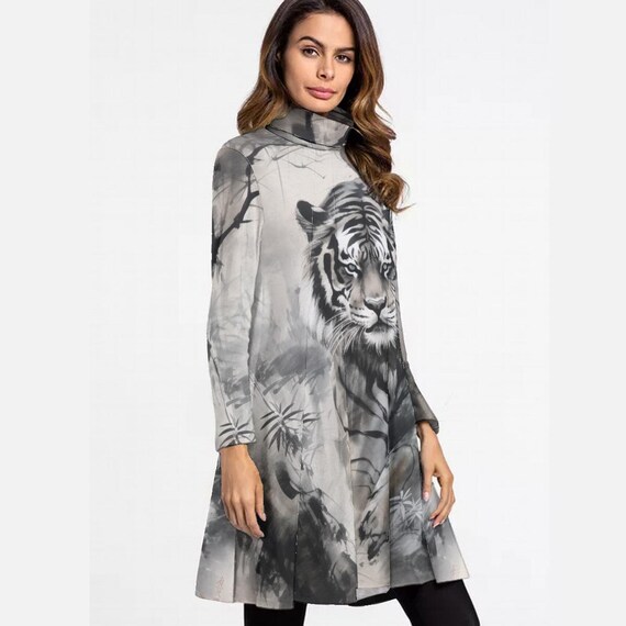 Buy Watercolor Tiger High Neck Long Sleeve Dress, Artistic Animal Print  Autumn Dress, Nature-inspired Cozy A-line Dress, Wild Animal Dress Online  in India - Etsy