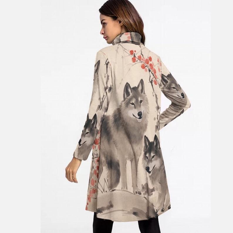Wolf Ukiyo e Style High Neck Dress Art Wolfs Long Sleeve Autumn Winter wolf-ukiyo-e-style-high-neck-dress-art-wolfs-long-sleeve-autumn-winter