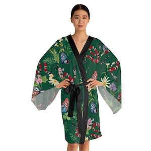 Kimono Robe, Floral Butterfly Snake Pattern, Cottagecore Clothing, Long Sleeve Robe, Boho Dressing Gown, Vintage Sleepwear, Loungewear
