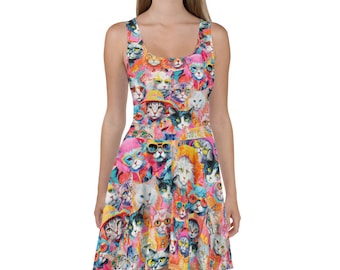 Hipster Cats pattern Dress, Cat breeds Women&#39;s Skater Dress, retro cats dress, Skater Dress for Women, vibrant cats dress, cat lover gift