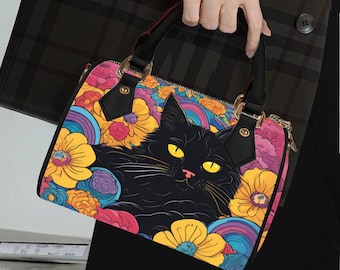 Cottagecore Cat Barrel Handbag, Cute Cat Boston Bag, Black Cat PU Leather Crossbody Purse, Whimsical Cat Lover Gift, Floral Cat Boston Bag