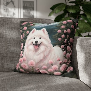 Funda de almohada cuadrada Samoyedo y flores, Linda pintura cottagecore Funda de almohada decorativa, Funda de cojín floral Samoyedo, Decoración del hogar Samoyedo