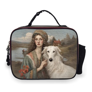 Borsa per il pranzo con motivo di donne con cani da caccia, borsa per il pranzo con motivo di Borzoi, borsa da picnic Art Vintage Cottagecore, borsa da picnic con motivo impressionista, borsa da picnic con motivo di Borzoi