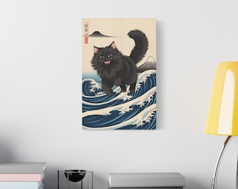 日本の波のキャンバスアート、黒猫の壁飾り、黒猫好きへのギフト、和風