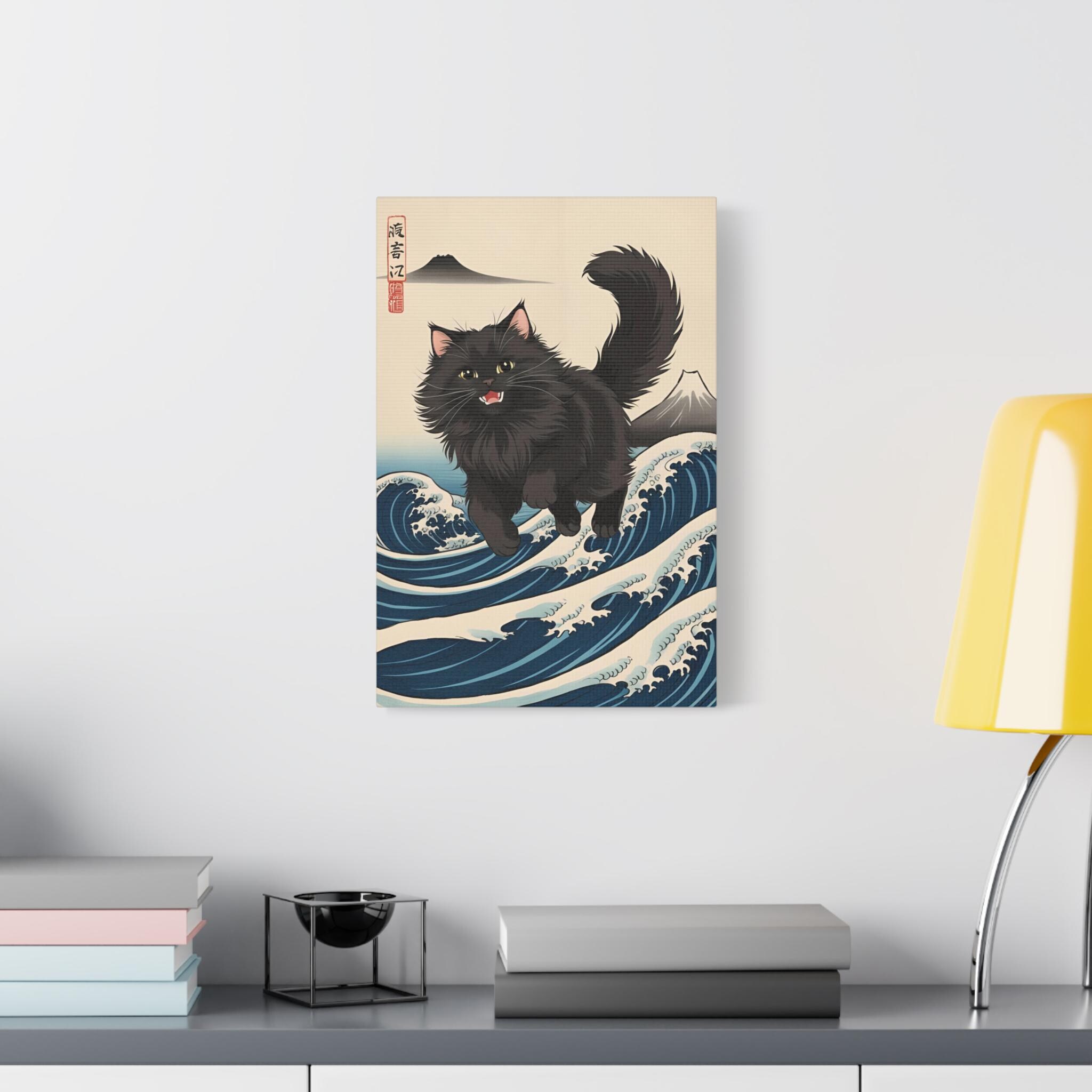 日本の波のキャンバスアート、黒猫の壁飾り、黒猫好きへのギフト、和風