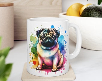Bunter Mops Becher, (11 Unzen, 15 Unzen), Graffiti Mops Keramikbecher, Airbrush Mops Becher, Aquarell Mops Becher, Mops Geschenke, Geschenk für Mopsliebhaber Mops Teetasse