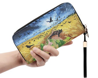 Van Gogh Wheatfield with Crows Black Cat Wristlet Wallet, Impressionist Fine Art Zipper Clutch, Whimsical Purse Cat Van Gogh inspired Wallet