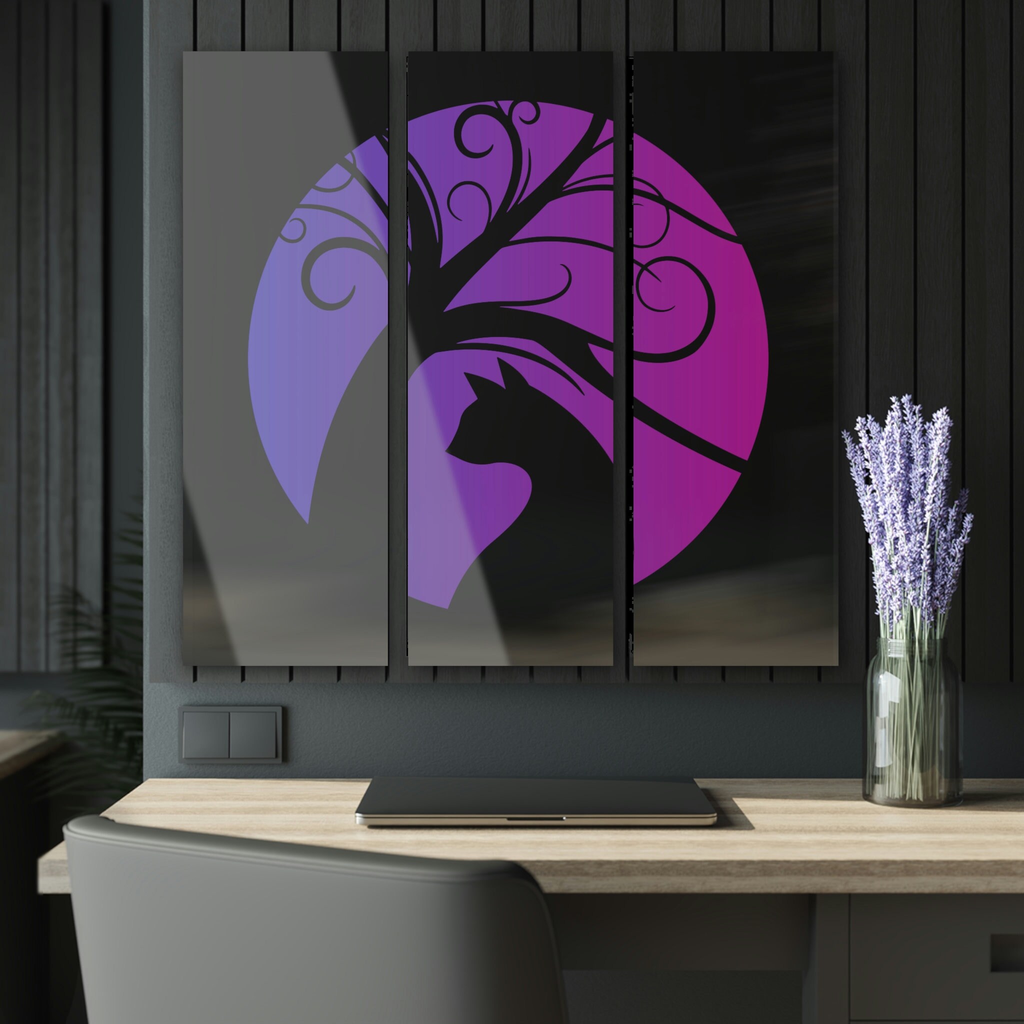 Black Cat Acrylic Prints triptych, Mystical Home Decor, Magical Large