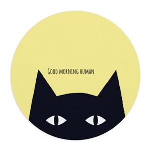 Schwarze Katze Gelb Maus Pad, gelbe Katze Maus Pad, Katzenliebhaber Geschenk, Schreibtischmatte, Schreibtischzubehör, Mitarbeiter Geschenk, kawaii rund Maus Pad