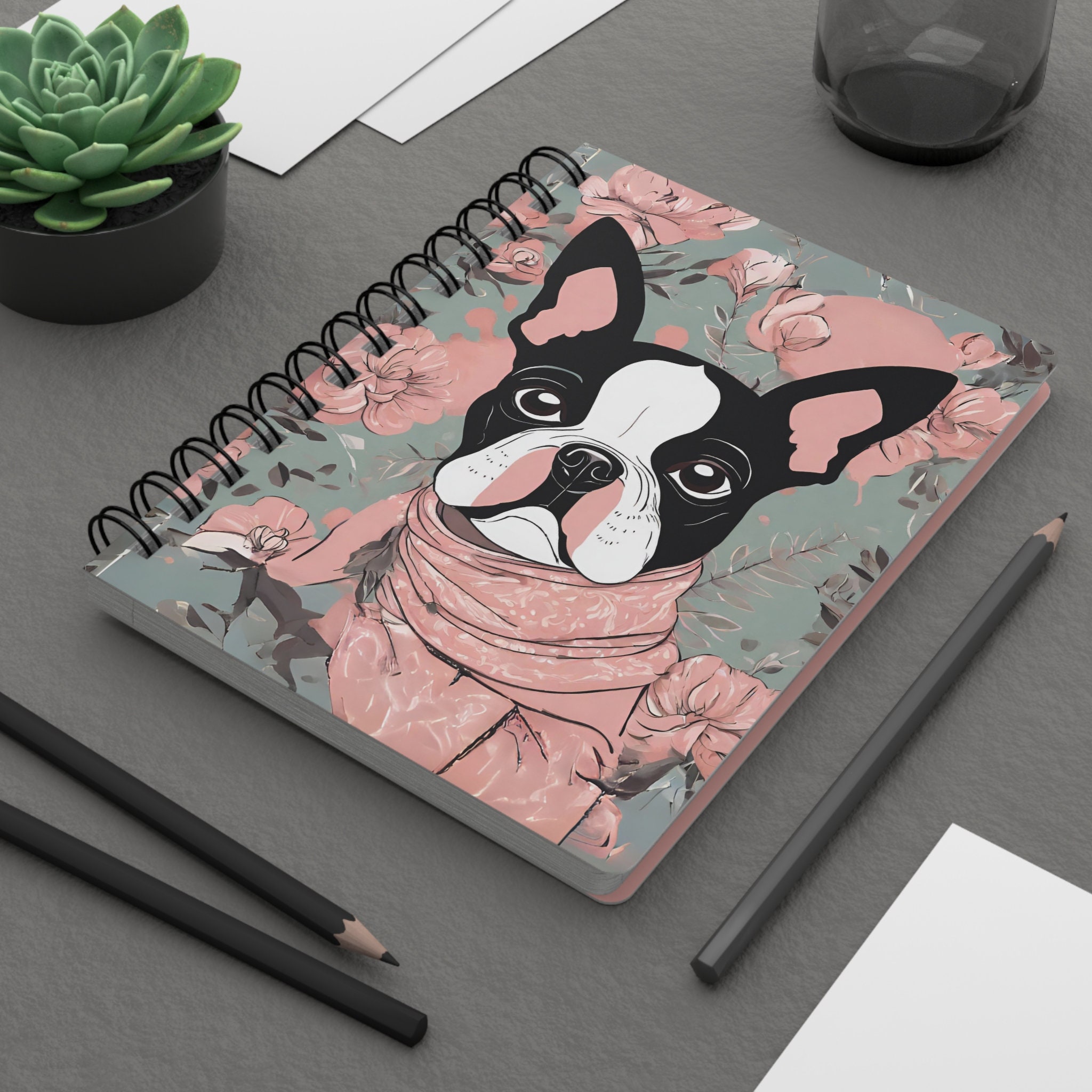 Floral Boston Terrier Spiral Journal, Boston Terrier Notebook, Cute Boston Terrier Journal, Boston Terrier lover gift, Back to school gift