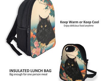 黒猫のリュックとランチバッグセット | 日本のアートスタイルの猫の
