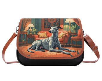 Vintage Greyhound Satchel Bag, Elegant Italian Greyhound PU Leather Crossbody, Regal Art Greyhound Shoulder Purse, Whippet Crossbody Purse