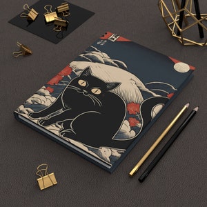 Funny Black cat japanese art Hardcover Journal, Cute cat Ukiyo-e style notebook, The great wave black cat japan journal, back to school gift