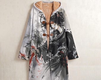 Art Geisha Fleece Windbreaker, Chinese Horn Button Long Hooded Coat, Traditional East Asian Art Jacket, Japanese Fuzzy Lined Winter Coat