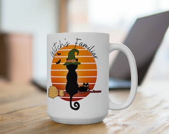 Black Cat Familiar Ceramic Mug 15oz, Cat Retro Vintage Sunset coffee mug, whimsical cat mug, magical cat tea cup, mystical celestial cat mug