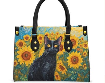 ひまわりの黒猫トートバッグ、コテージコアの黒猫PUレザーハンドバッグ、ジッパーポケット付きキャットアートショルダーバッグ、気まぐれな毎日用トートバッグ