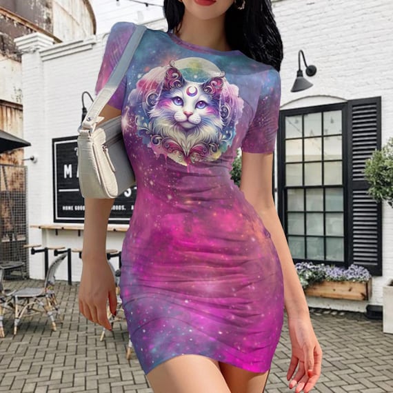 Mystical Galaxy Cat Dress, Whimsical Bodycon Mini Dress, Cat Celestial Witchy Short Sleeve Dress, Galaxy Bodycon Dress, Whimsical Cat Dress