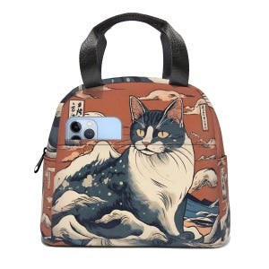 Bolsa térmica para el almuerzo con diseño de gato de la Gran Ola: ideal para amantes de los gatos japoneses, impermeable, portátil y para picnic.