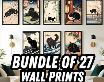Japanese Black Cat Wall Art Bundle of 27, Printable Japanese Art, Ukiyo-e Inspired Prints, black cat poster, Cat Japan Download Wall Print