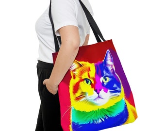 Regenbogen Pride Katzen-Einkaufstasche, ästhetische LGBTQ Katzenschultertasche, bunte Katzen Einkaufstasche, niedliche LGBT-wiederverwendbare Tasche, lustige kawaii Einkaufstasche