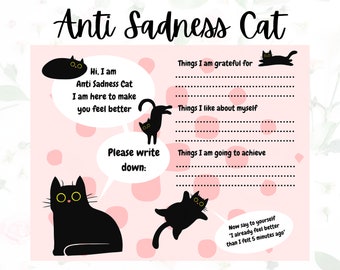 Anti Sadness black cat, Mental Health worksheet Digital product, printable, mindfulness, Self-Love, Wellness, therapy tools, goals setting