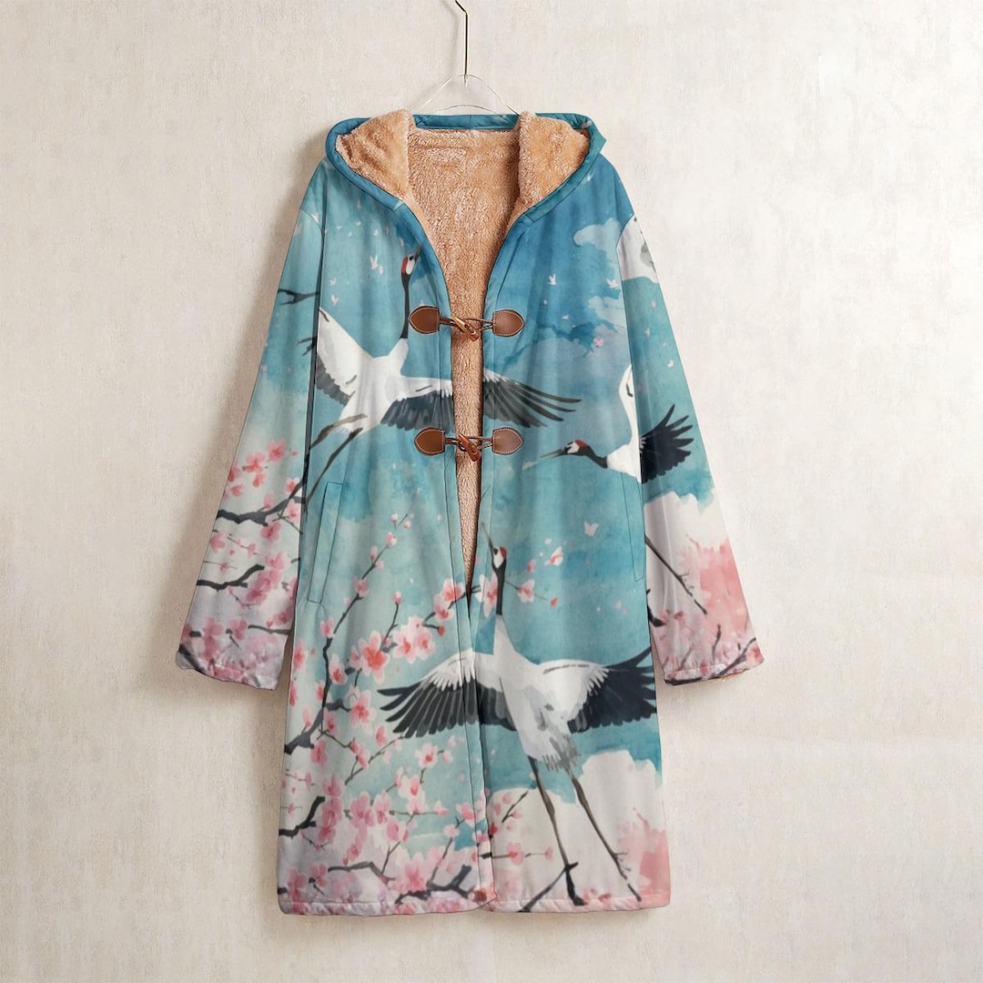Japanese Tree Jacket Traditional Crane Cherry Blossom Fleece Windbreaker, Japanese Cranes ...
