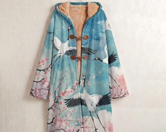 Traditional Crane Cherry Blossom Fleece Windbreaker, Japanese cranes Horn Button Long Hooded Coat, Japanese Zen Art Jacket, Ukiyo e outwear