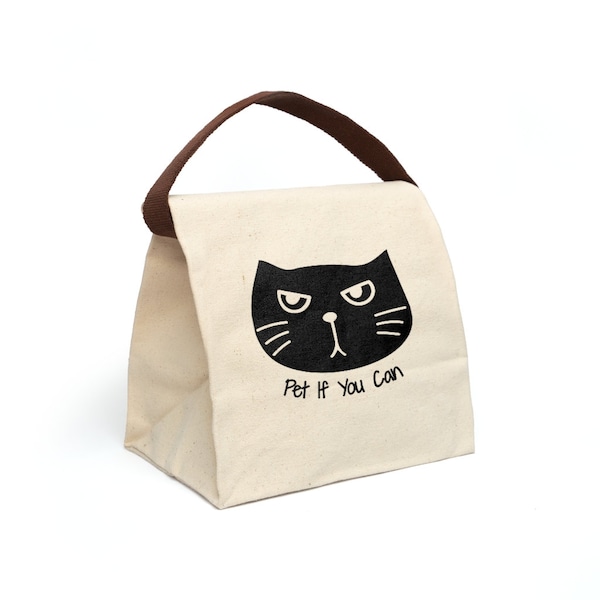 Black cat Pet If You Can Canvas Lunch Bag With Strap, cat lover gift, cat lunch tote, cat bento bag, back to school, cat reusable lunch bag