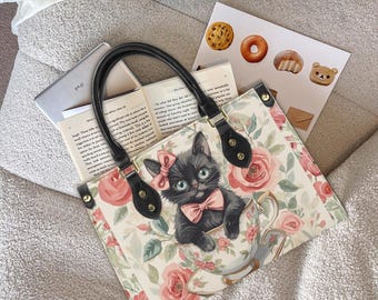 Cottagecore Black Cat Handbag, Vintage Floral Cat Satchel, Aesthetic Coquette Kitten Purse, Luxury Victorian Cat PU Leather Boston Bag