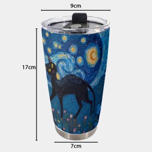 May include: A stainless steel travel mug, 17cm tall and 7cm in diameter, featuring a black cat illustration against a starry night sky background. The design includes a crescent moon and swirling brushstrokes in shades of blue, yellow, and white.